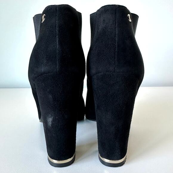 CHANEL Black Suede Gold Logo Chelsea Heel Ankle Boots IT 39.5 - Picture 8 of 16